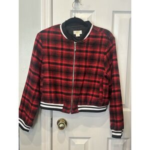 Anthropologie Maeve Tartan Plaid Tweed Sporty 'Bomber' Red Polyester Jacket Sz S
